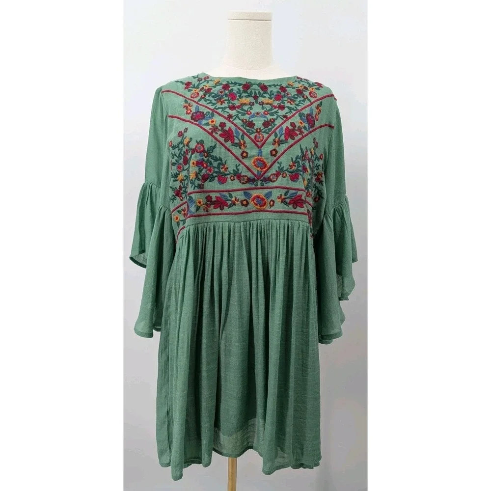 Umgee Green Embroidered Tunic Dress Flutter Sleeve Size L Boho Hippie Festival - Picture 2 of 11